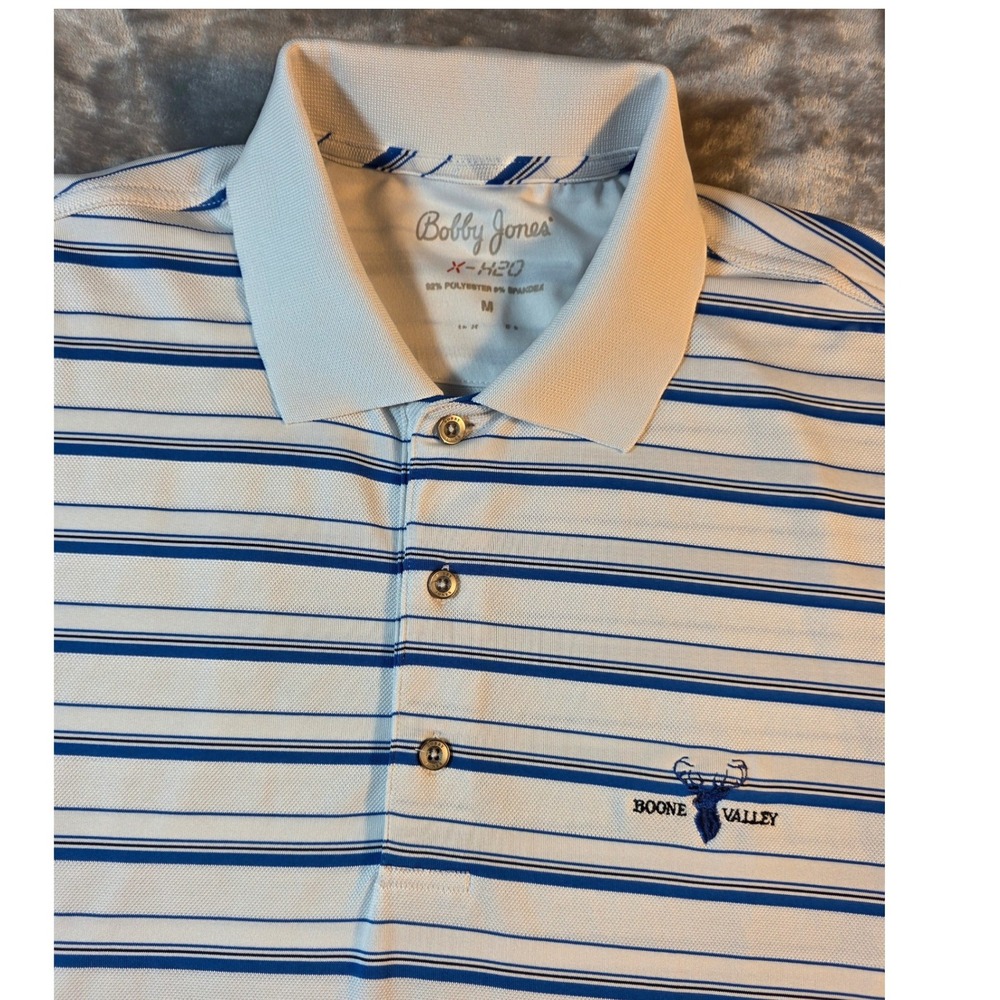 Bobby‎ Jones Boone Valley Golf Polo Shirt Mens Medium White Blue Striped X-H2O